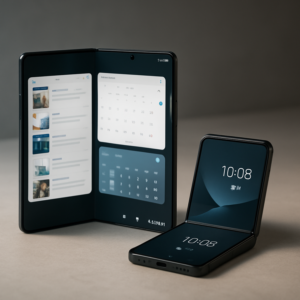 Samsung Galaxy Z Fold opened beside a partially folded Galaxy Z Flip, showing their