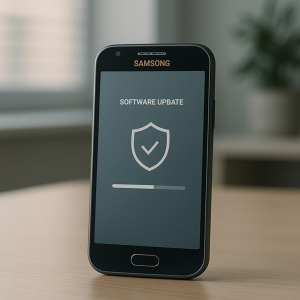An older Samsung smartphone displays a generic software update screen beside a security shield
