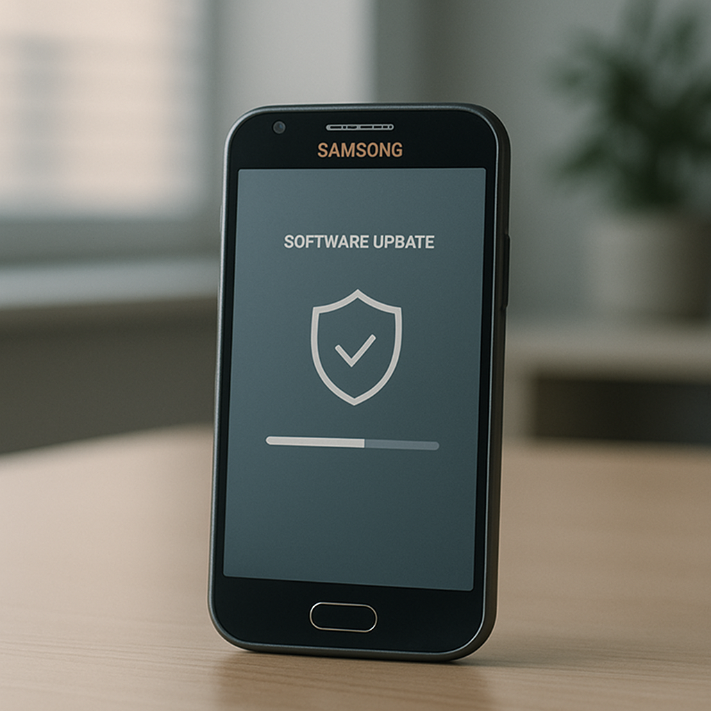 An older Samsung smartphone displays a generic software update screen beside a security shield