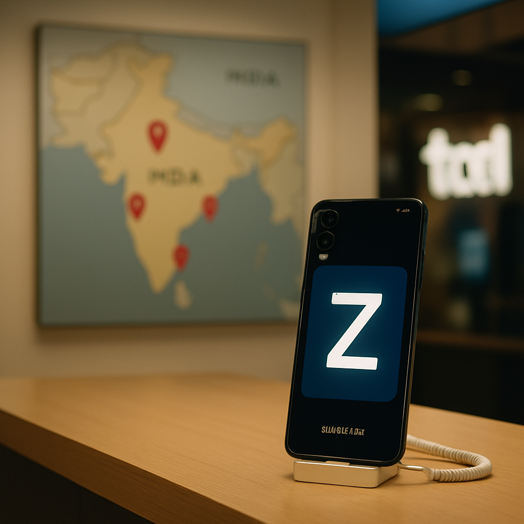 A Samsung Tizen phone displayed in an Indian mobile shop, with a subtle map