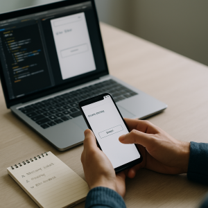 A developer tests a smartphone beside a laptop and notes on a tidy desk.