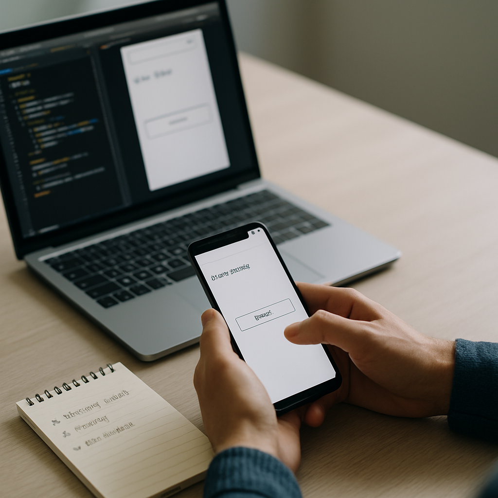 A developer tests a smartphone beside a laptop and notes on a tidy desk.